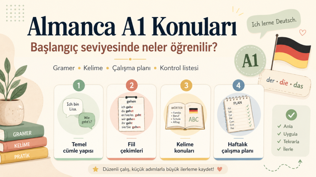 Almanca A1 konuları, fiil çekimleri, kelime çalışması ve haftalık çalışma planını gösteren infografik