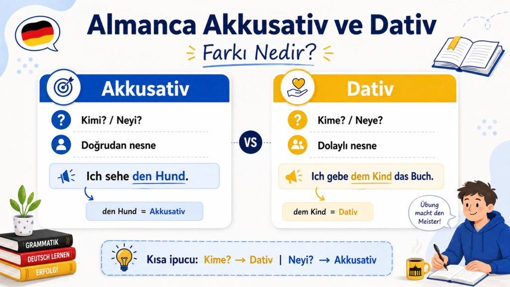 Almanca Akkusativ ve Dativ farkını örnek cümlelerle karşılaştıran görsel