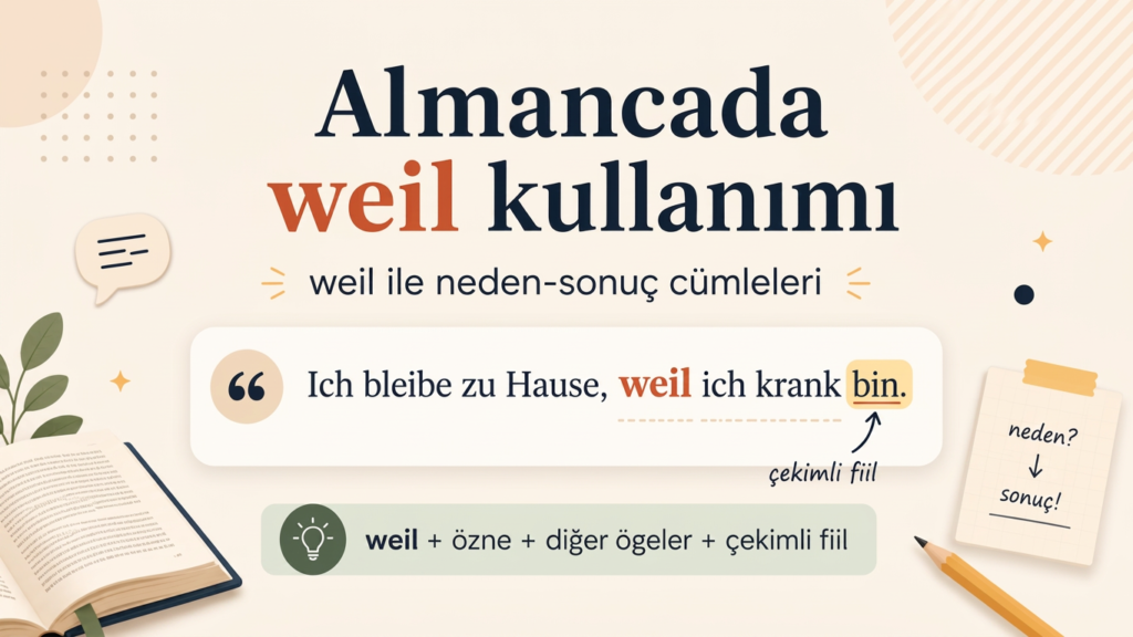 Almancada weil kullanımı, neden-sonuç cümleleri ve çekimli fiilin sonda yer almasını gösteren infografik